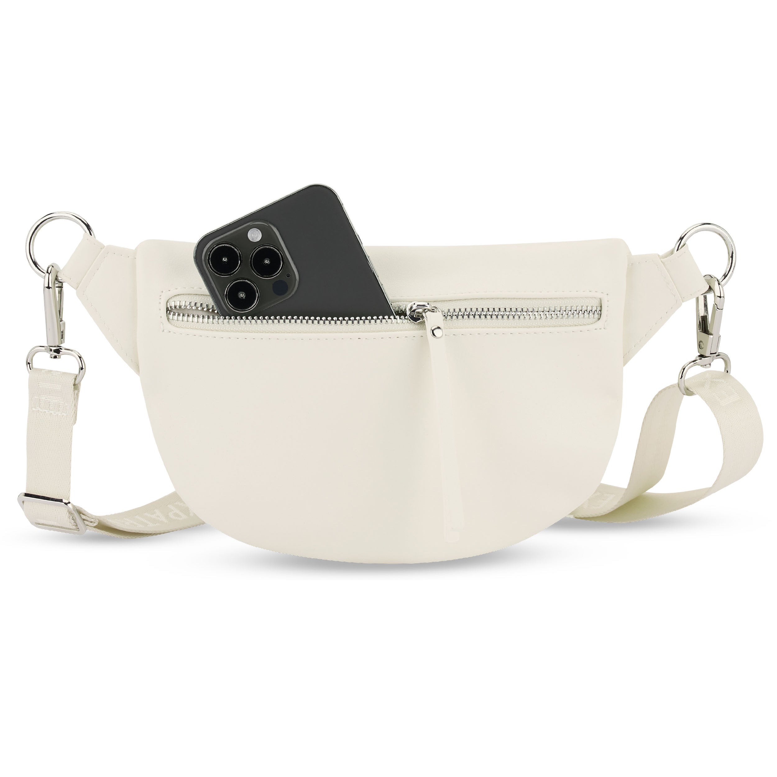 Cremeweiße Bauchtasche Alice Small mit Reißverschlusstasche und schwarzem Smartphone darin