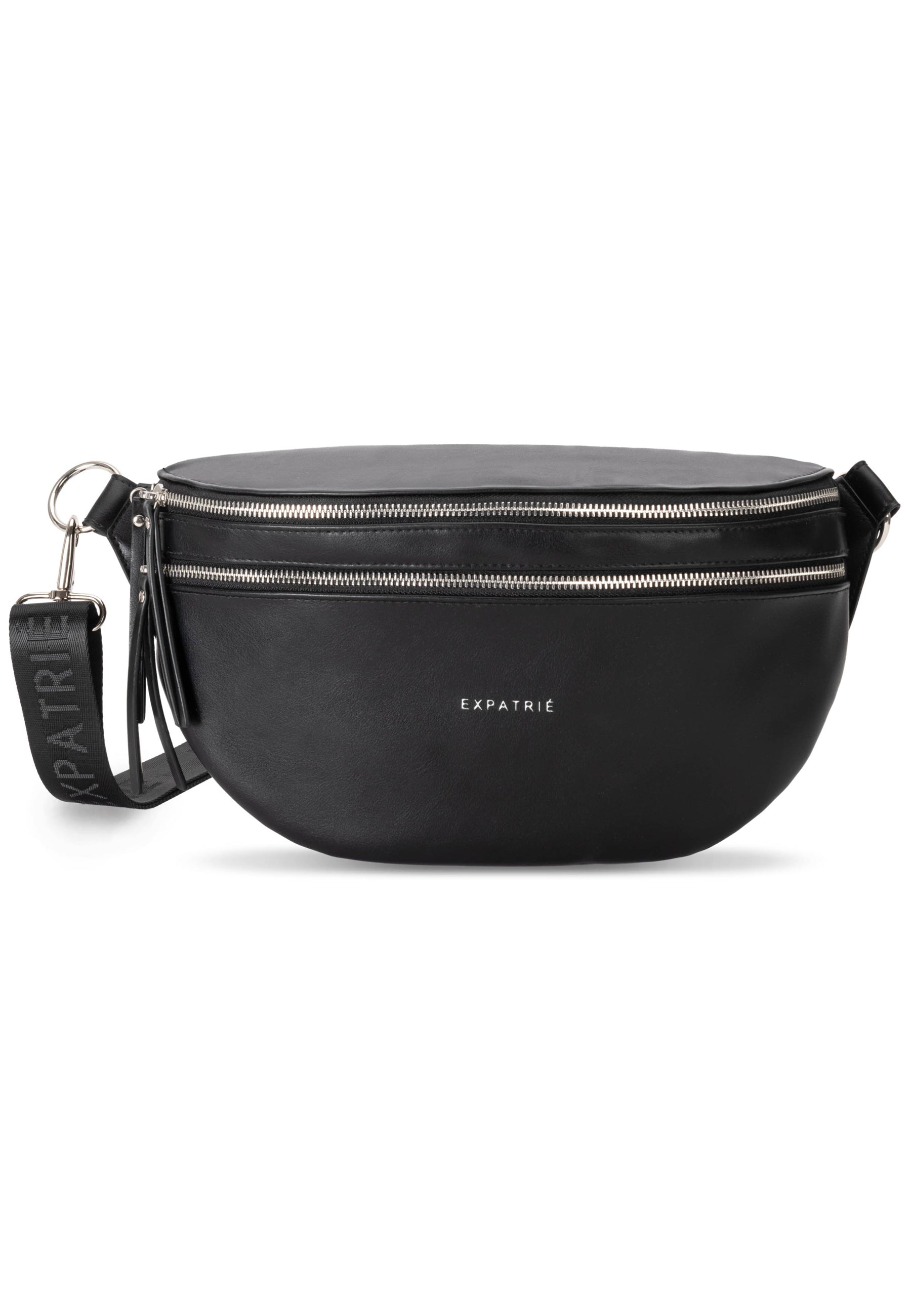Schwarze Bauchtasche Alice Large von Expatrié mit zwei silbernen Reißverschlüssen und verstellbarem Gurt