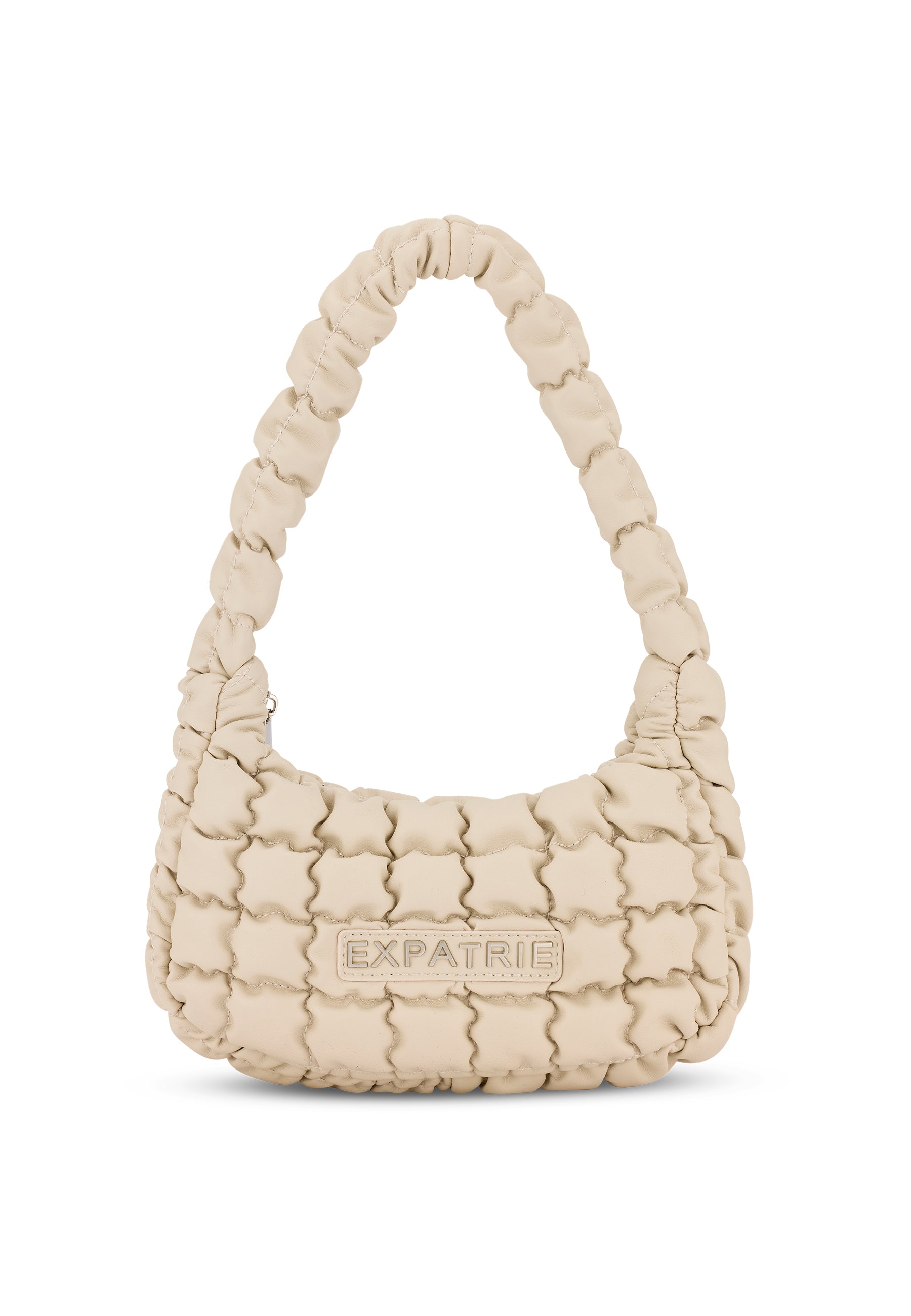 Beige gestepptes PIPPA SMALL Handtasche mit gepolstertem Umhängegriff und Expatrié-Logo vorne