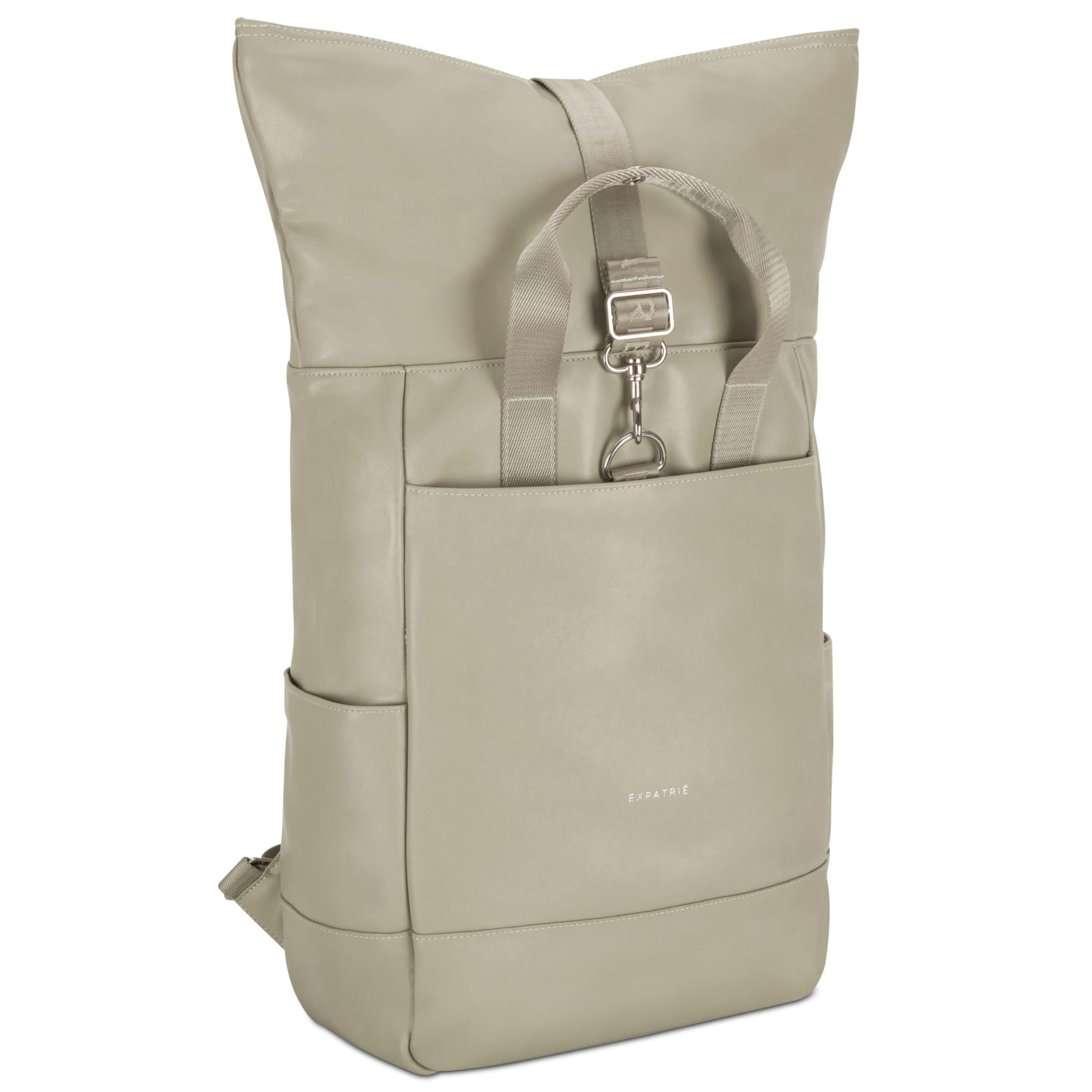 Rolltop Rucksack Adele von Expatrié aus beigem Leder mit Fronttasche und Tragegriff