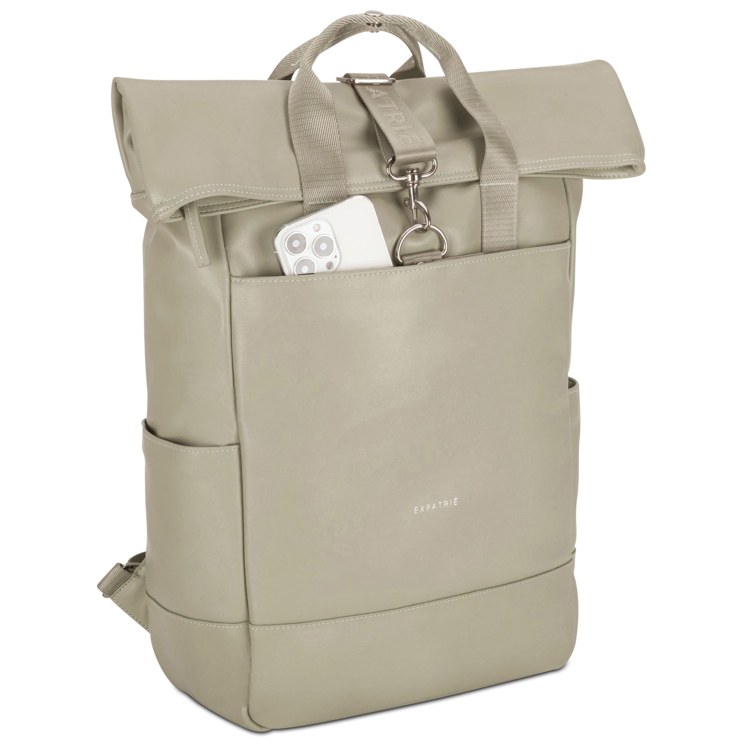 Rolltop Rucksack Adele aus grünem Leder mit Fronttasche und silbernem Verschluss