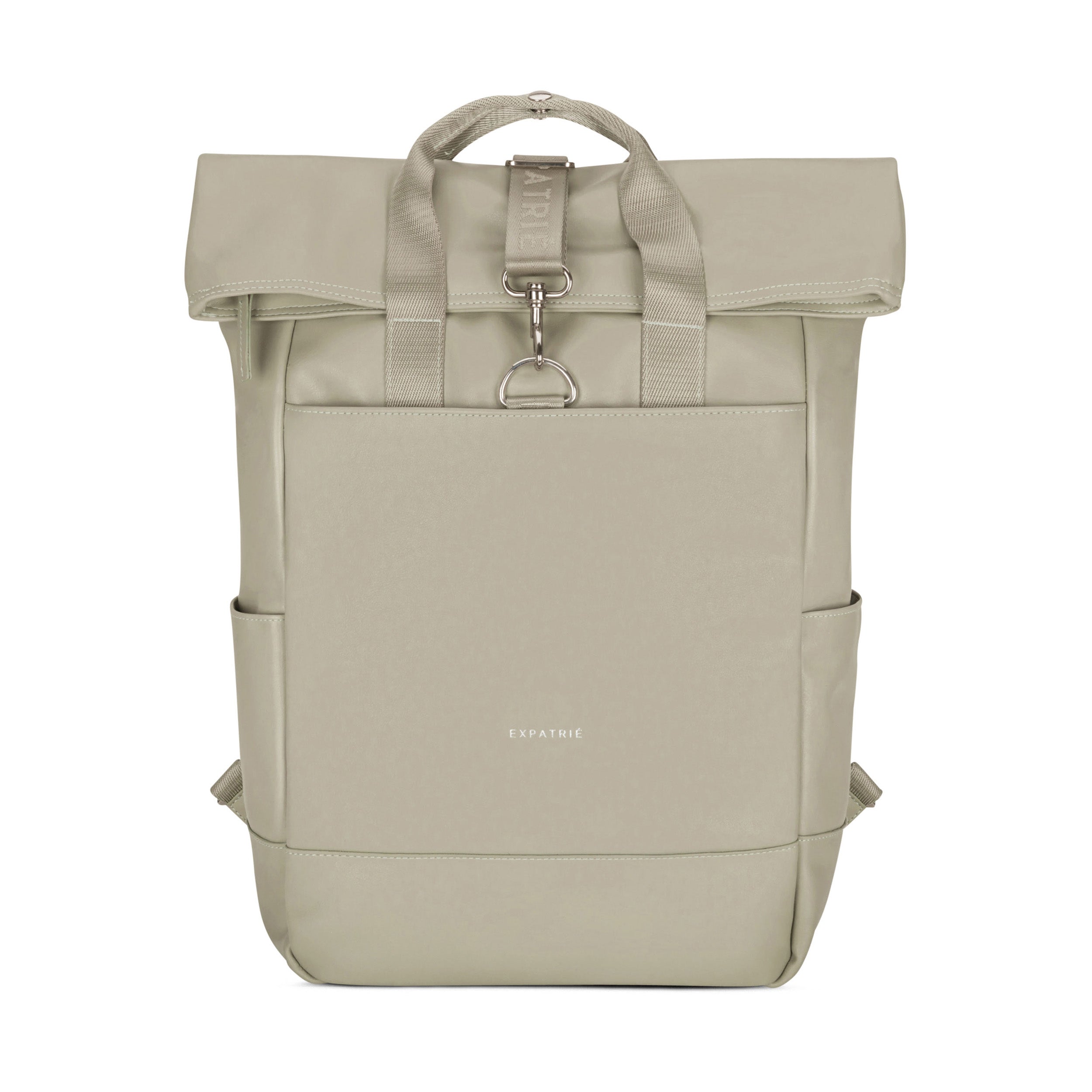 Heller Rolltop-Rucksack Adele aus Leder mit zwei Tragehenkeln und Fronttasche