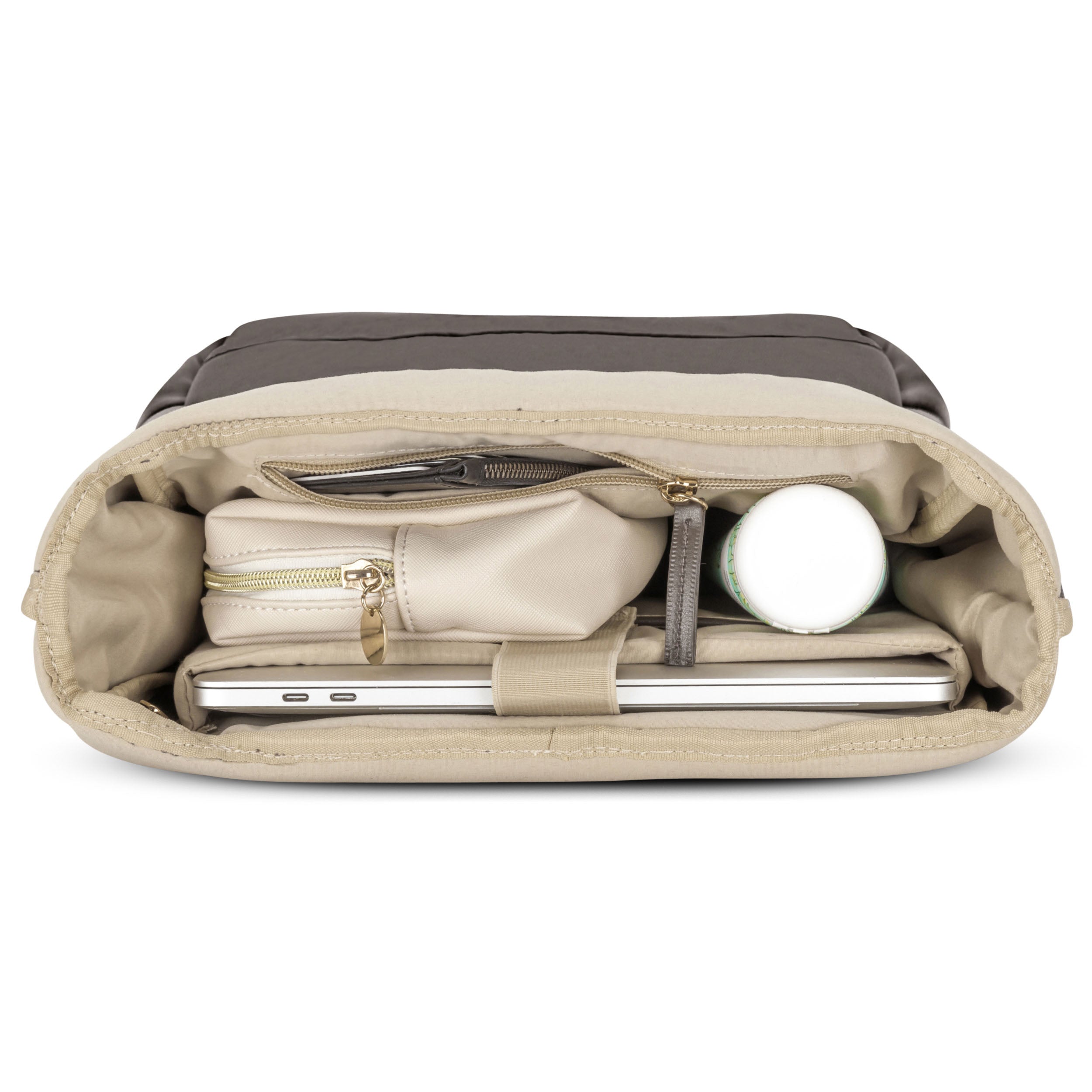 Innenansicht des Rolltop Rucksacks Adele mit Laptopfach, Kosmetiktasche und Flasche