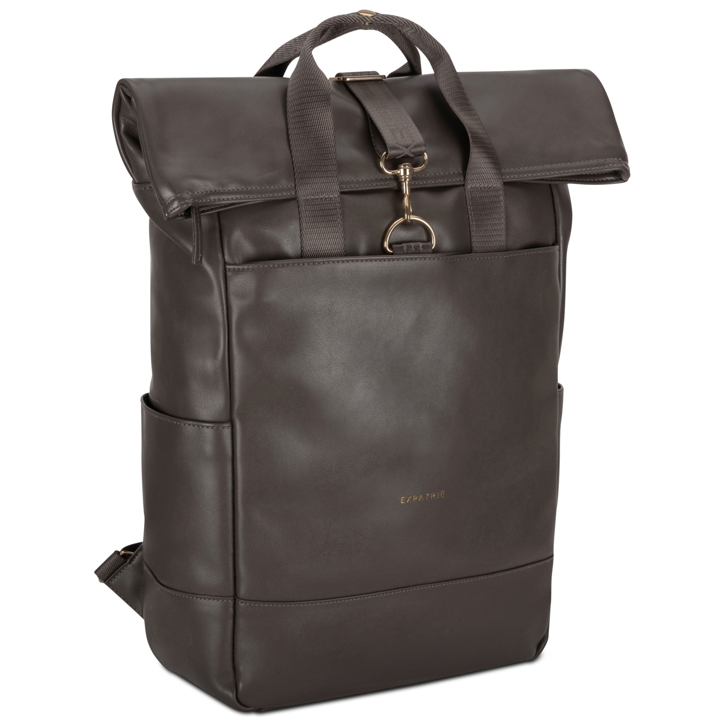 Rolltop Rucksack Adele aus braunem Leder mit Metallverschluss und Fronttasche