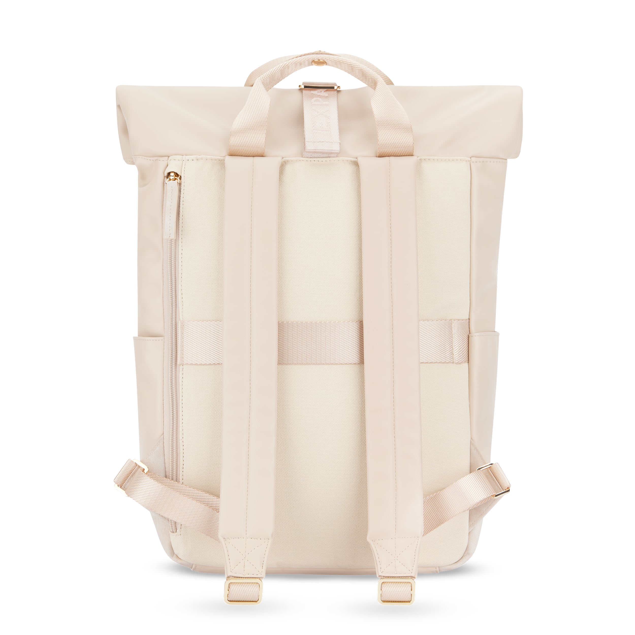 Beiger Rolltop Rucksack Adele für Damen mit gepolsterten Schultergurten und seitlicher Reißverschlusstasche