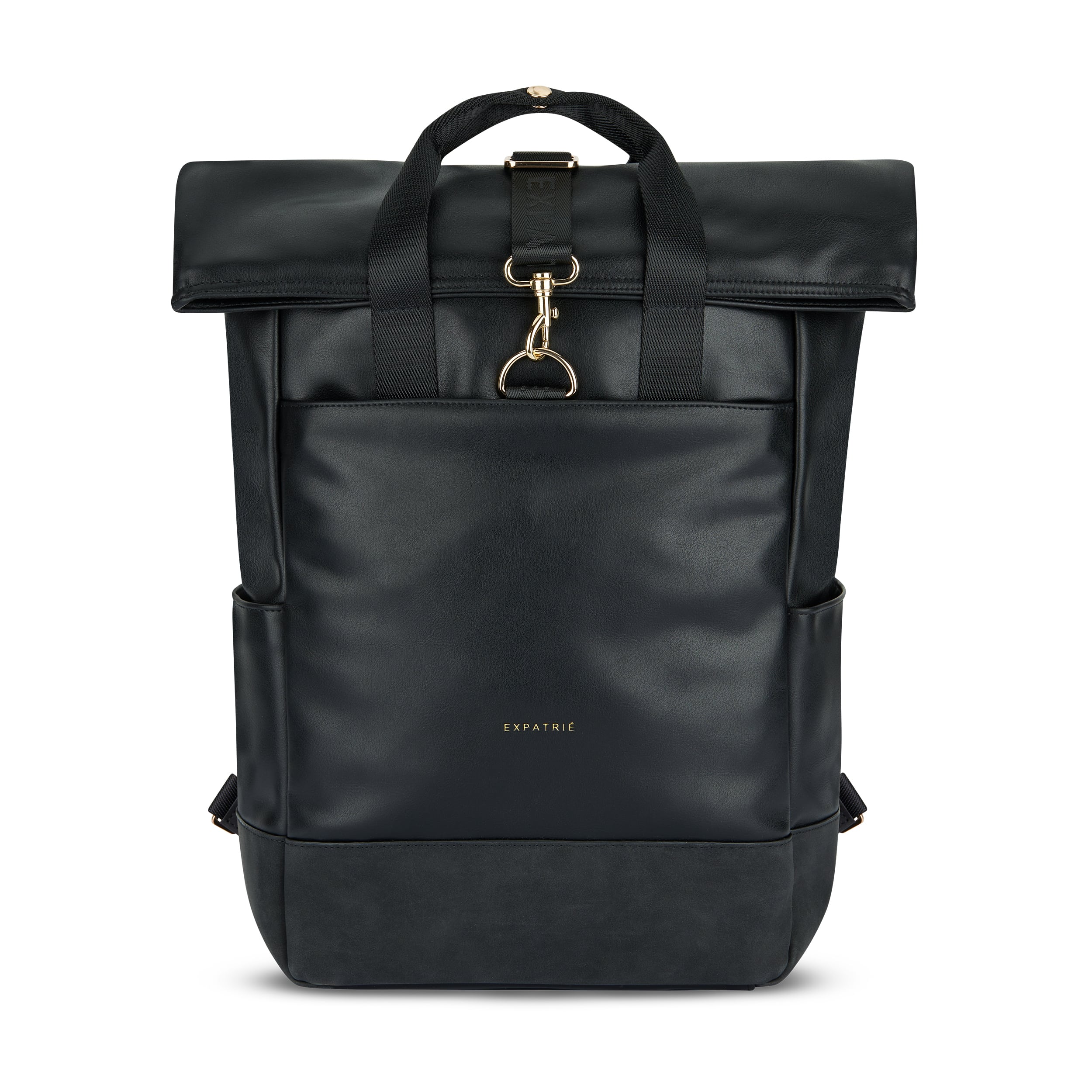 Schwarzer Rolltop Rucksack Adele aus Leder für Damen mit goldfarbenen Details