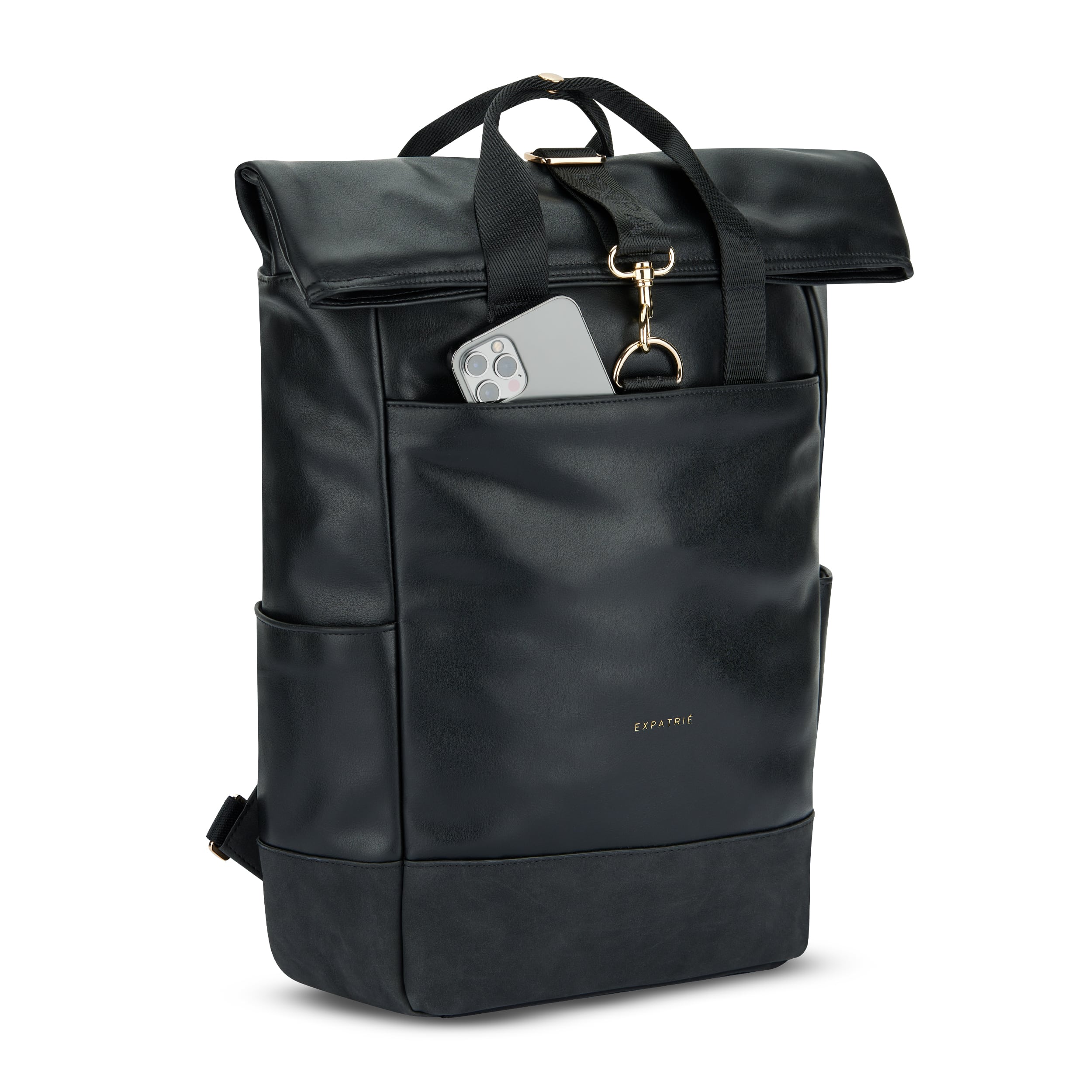 Schwarzer Rolltop Rucksack Adele aus Leder mit vorderer Tasche mit Smartphone und goldfarbenem Verschluss