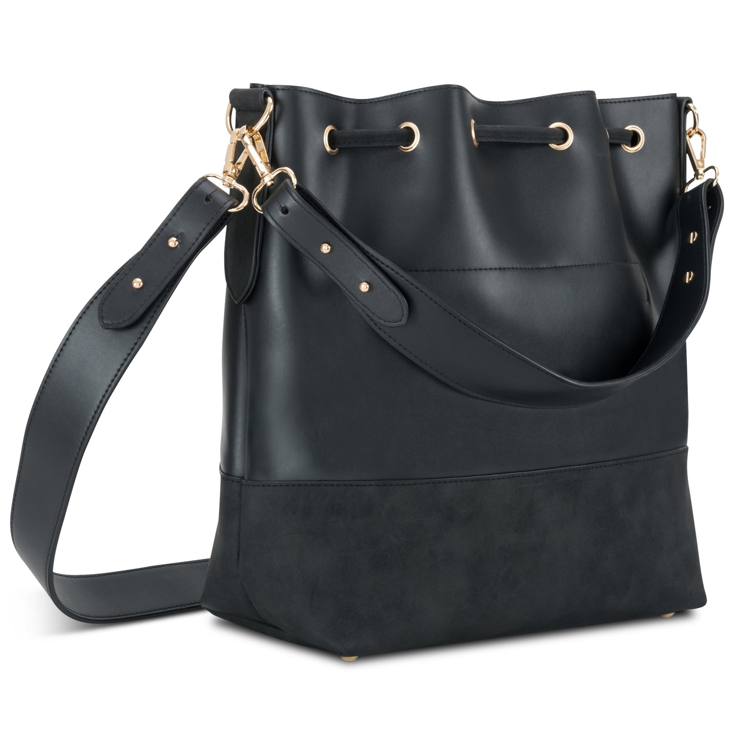 Moderne Bucket Bag mit zwei Schultergurten. #farbe_schwarz