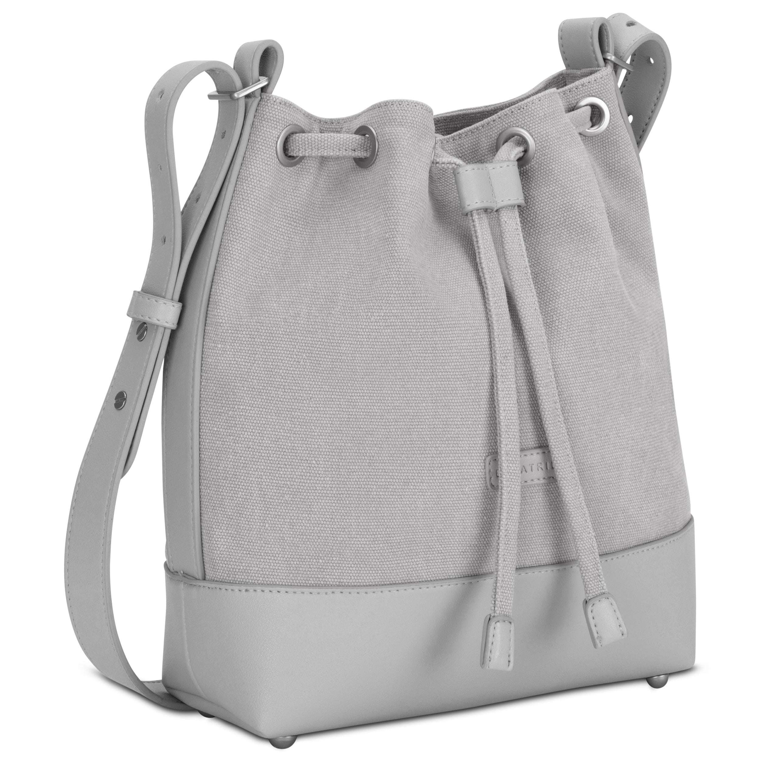 Kleine Bucket Bag aus Canvas & Kunstleder. #farbe_grau