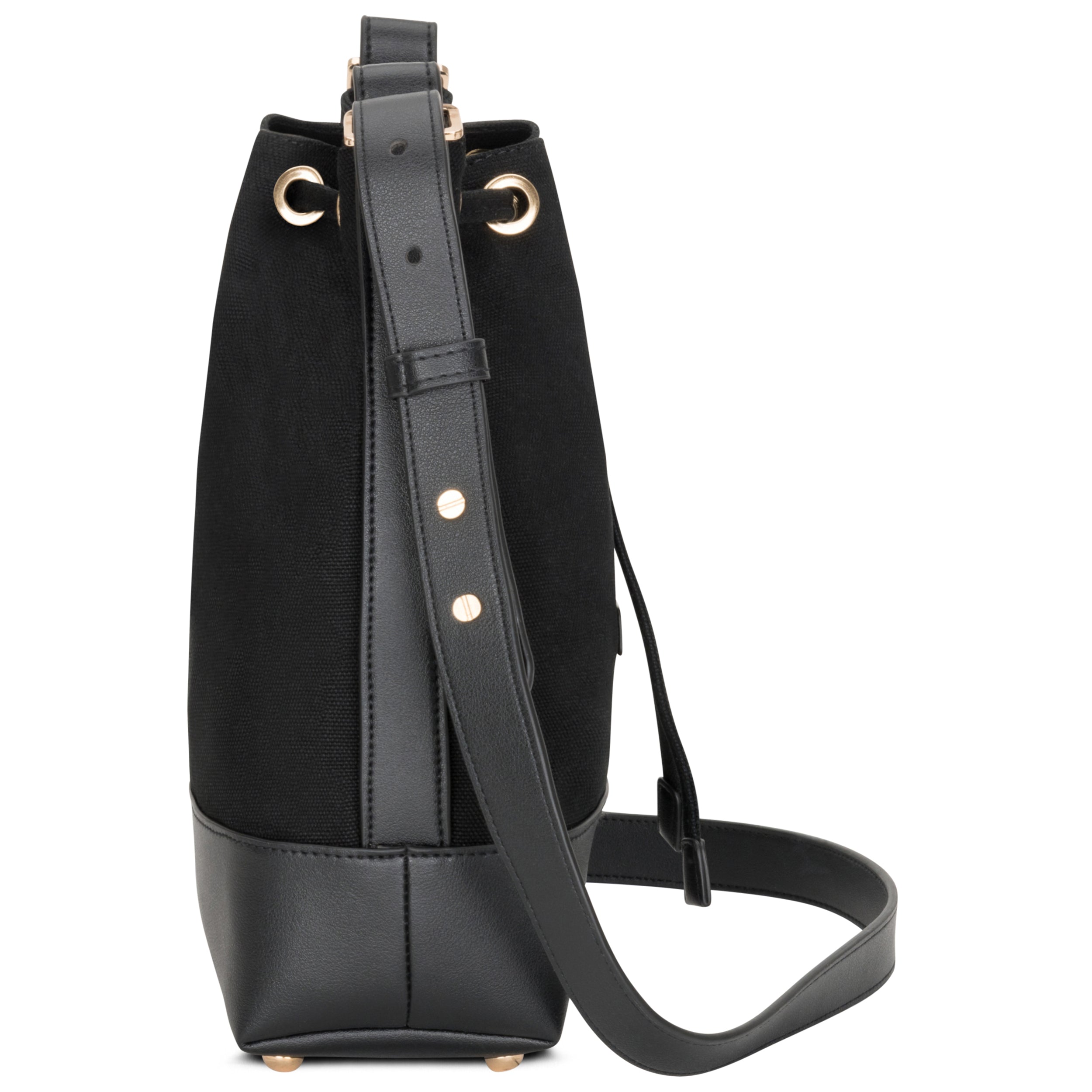 Moderne Bucket Bag aus Canvas und Kunstleder. #farbe_schwarz